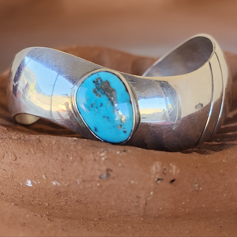 Native American Sterling Silver Turquoise Cuff Signed Vintage RMJ Bracelet